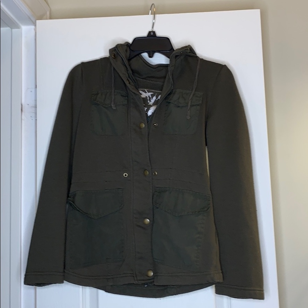 An olive green hooded coat